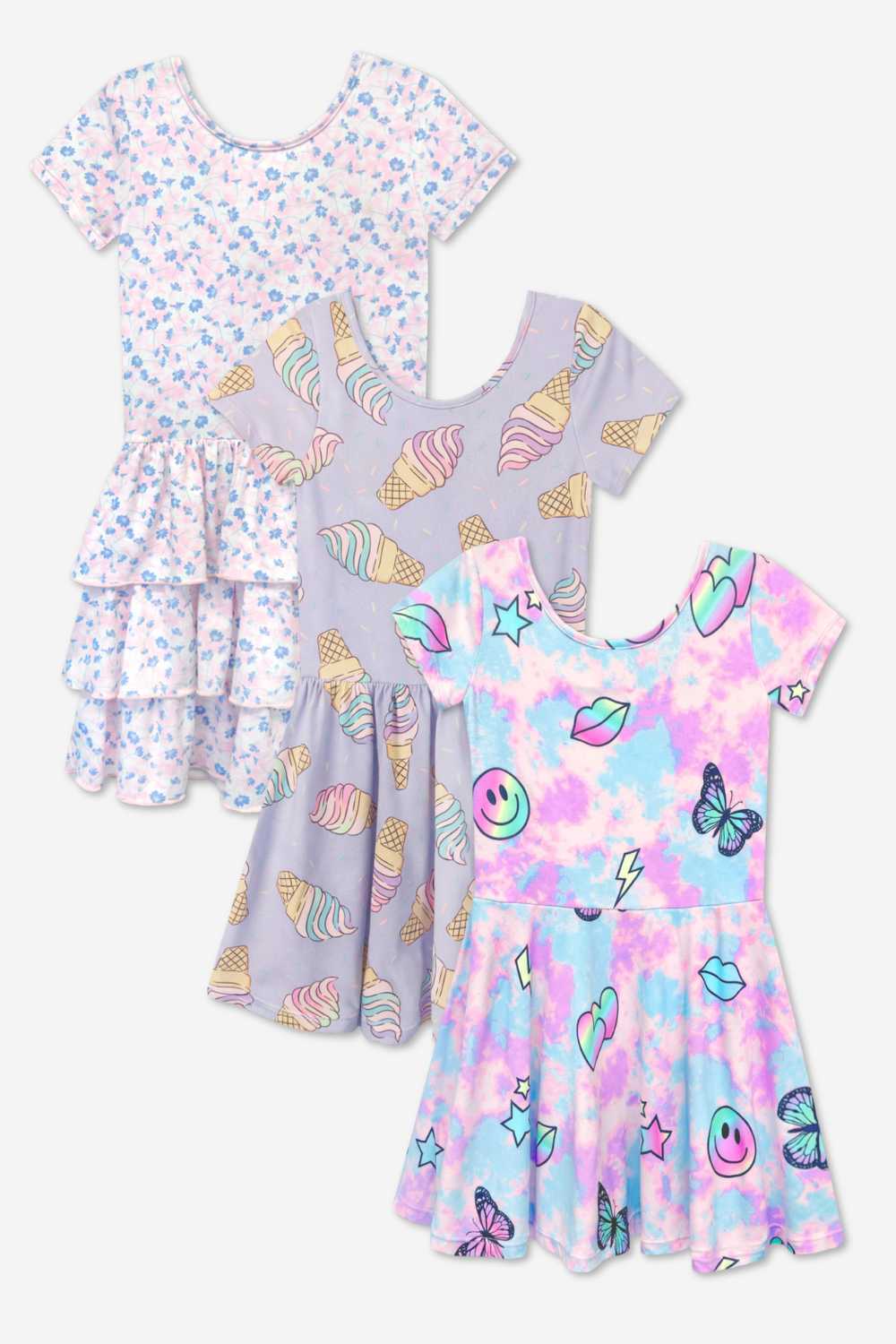 3-Pack Simply Soft Short Sleeve Dress - Pastel Rainbow Unicorn | Pink Daisy Rainbow | Light Blue Daisy - NEW!