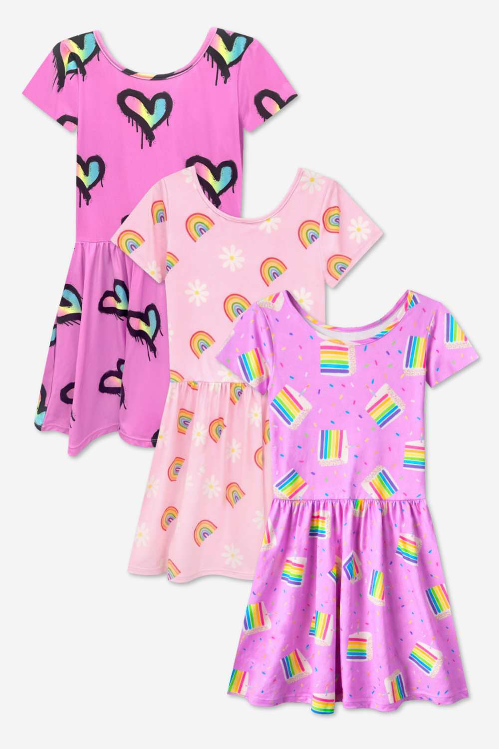 3-Pack Simply Soft Short Sleeve Dress - Pastel Rainbow Unicorn | Pink Daisy Rainbow | Light Blue Daisy - NEW!