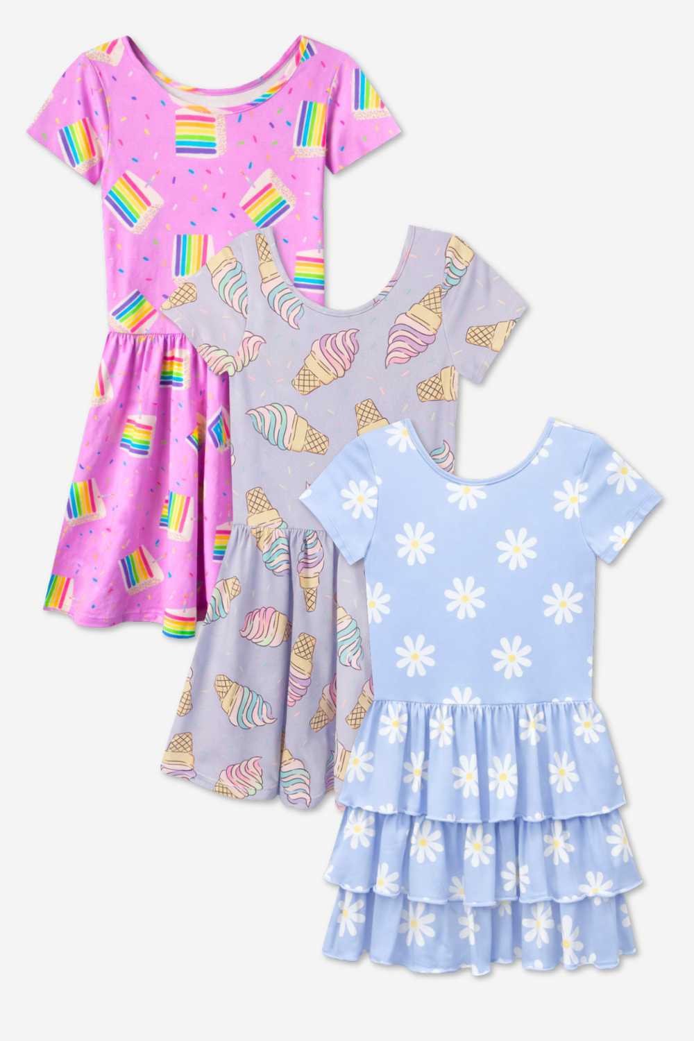3-Pack Simply Soft Short Sleeve Dress - Pastel Rainbow Unicorn | Pink Daisy Rainbow | Light Blue Daisy - NEW!
