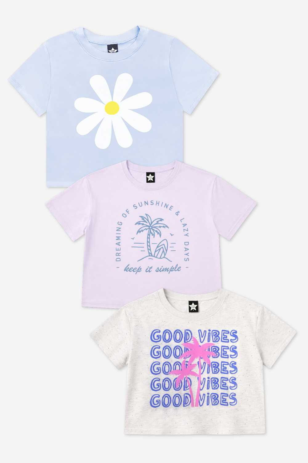 3-Pack Washed Cotton Drop Shoulder Tee - Lilac Denim Palm | Pink Good Vibes Splatter Smile | Pink Strawberry Vibes