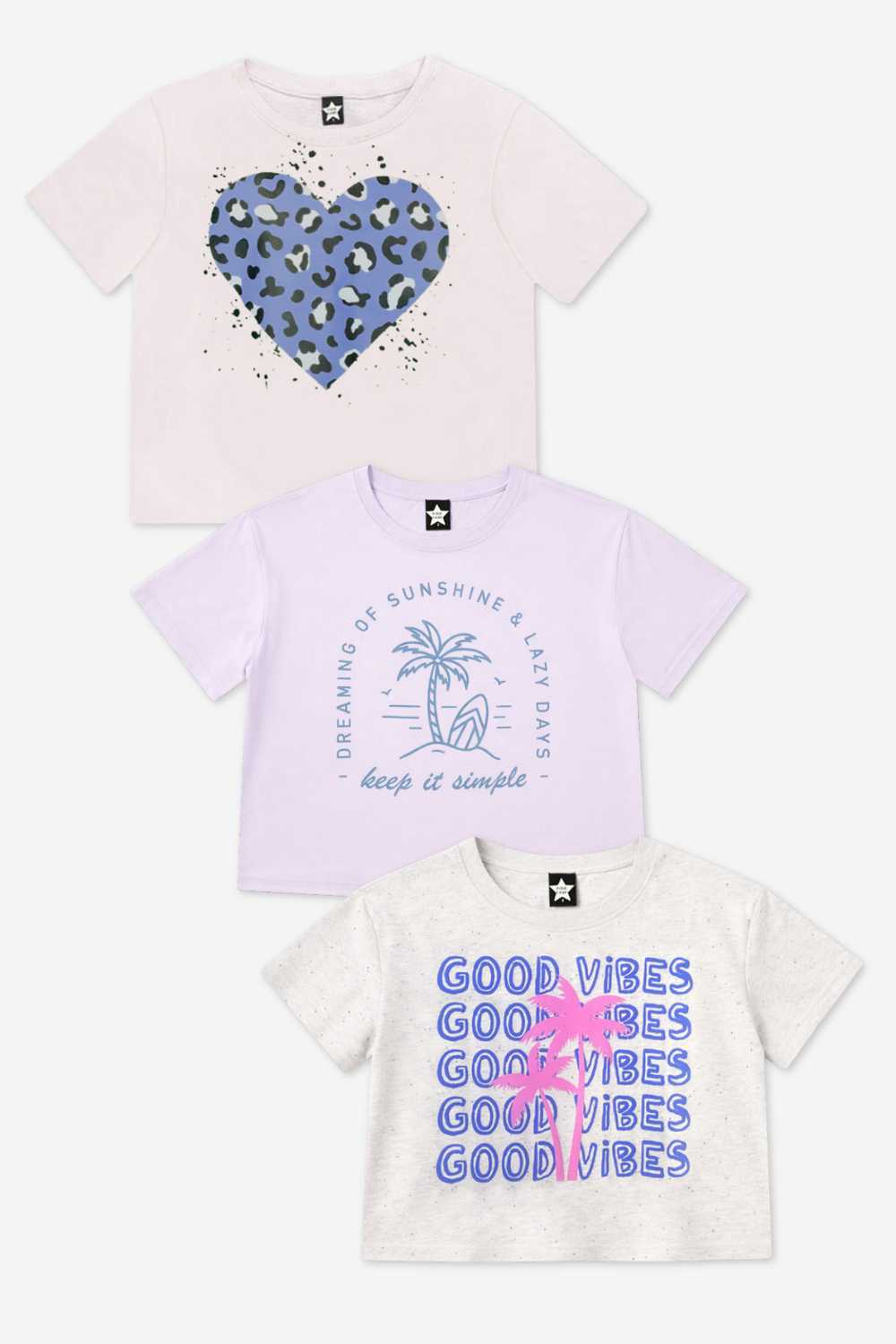 3-Pack Washed Cotton Drop Shoulder Tee - Lilac Denim Palm | Pink Good Vibes Splatter Smile | Pink Strawberry Vibes