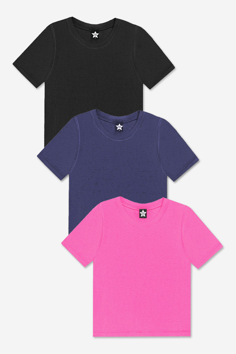 3-Pack Ultra-Soft Ribbed Fitted S/S Tee - Black | Hot Pink | Dark Denim - NEW! - Labor Day Sale!