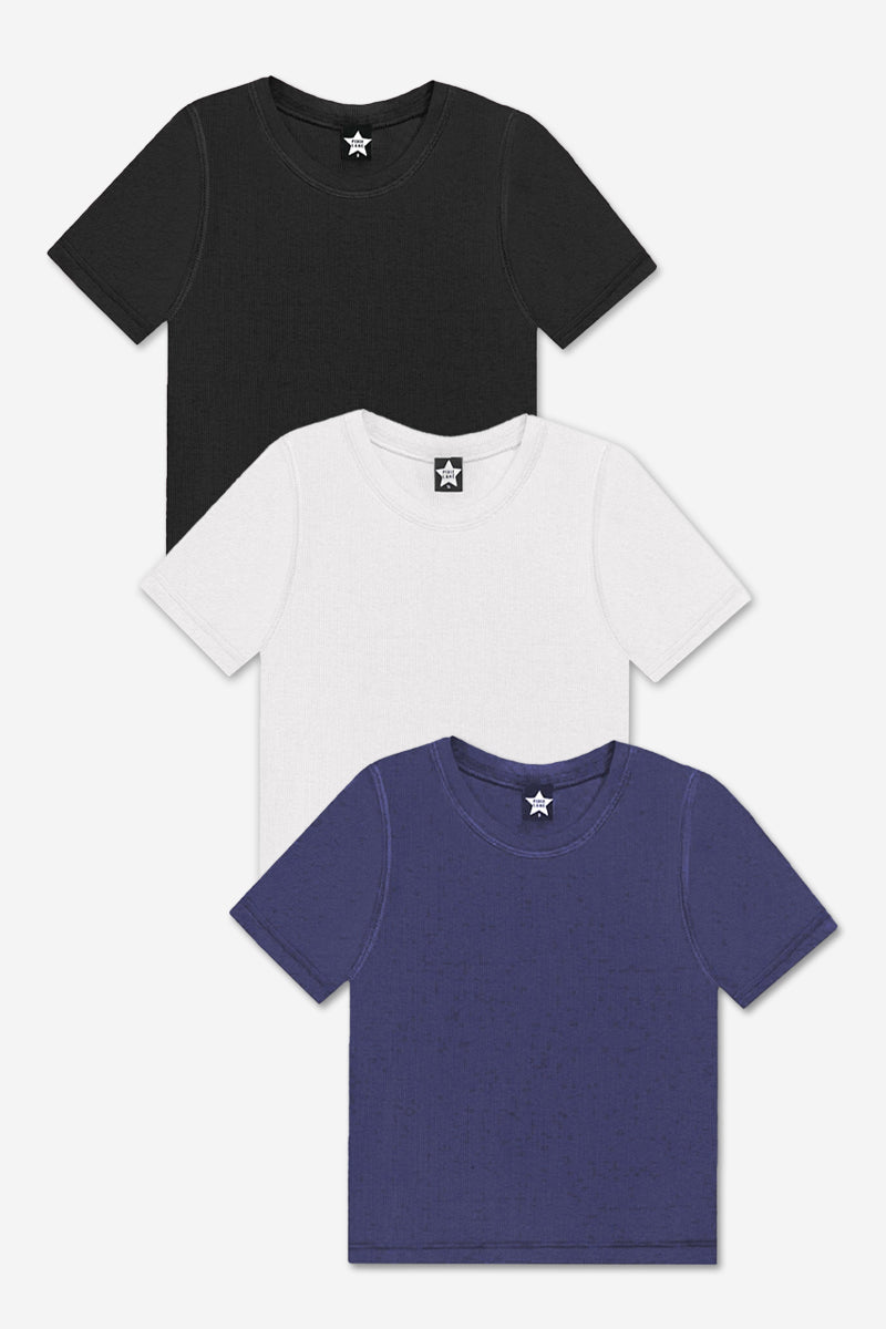 3-Pack Ultra-Soft Ribbed Fitted S/S Tee - Black | White | Dark Denim - NEW! - Labor Day Sale!