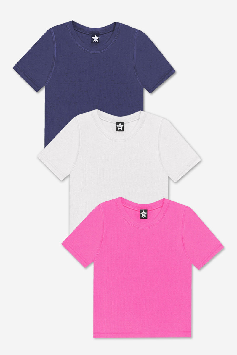 3-Pack Ultra-Soft Ribbed Fitted S/S Tee - White | Hot Pink | Dark Denim - NEW! - Labor Day Sale!