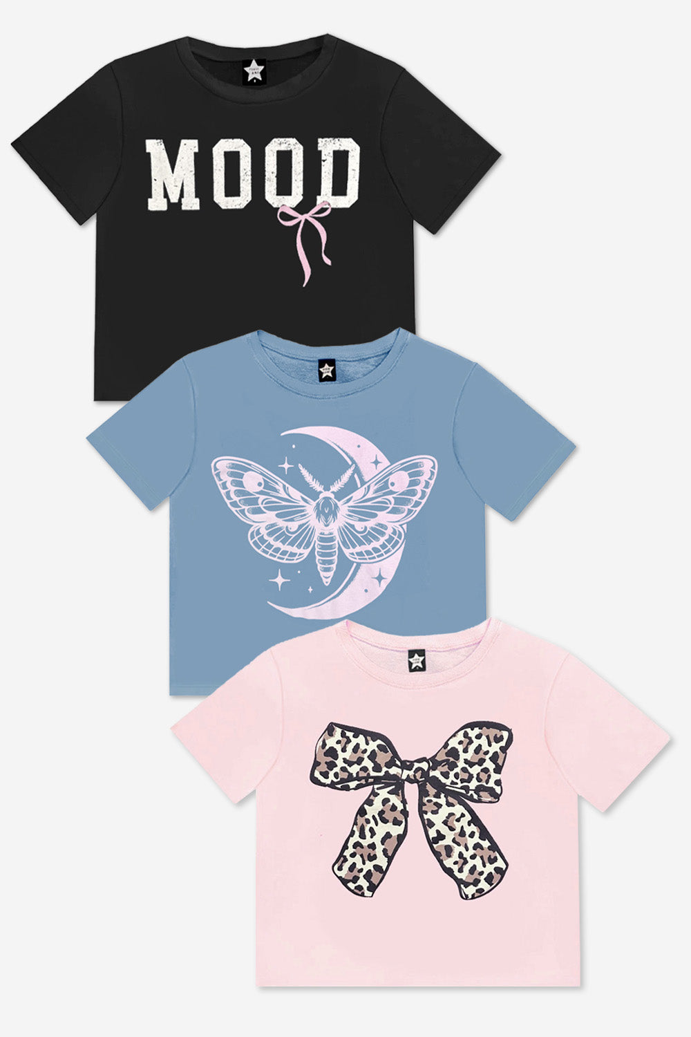 3-Pack Washed Cotton Drop Shoulder Tee - Lilac Denim Palm | Pink Good Vibes Splatter Smile | Pink Strawberry Vibes