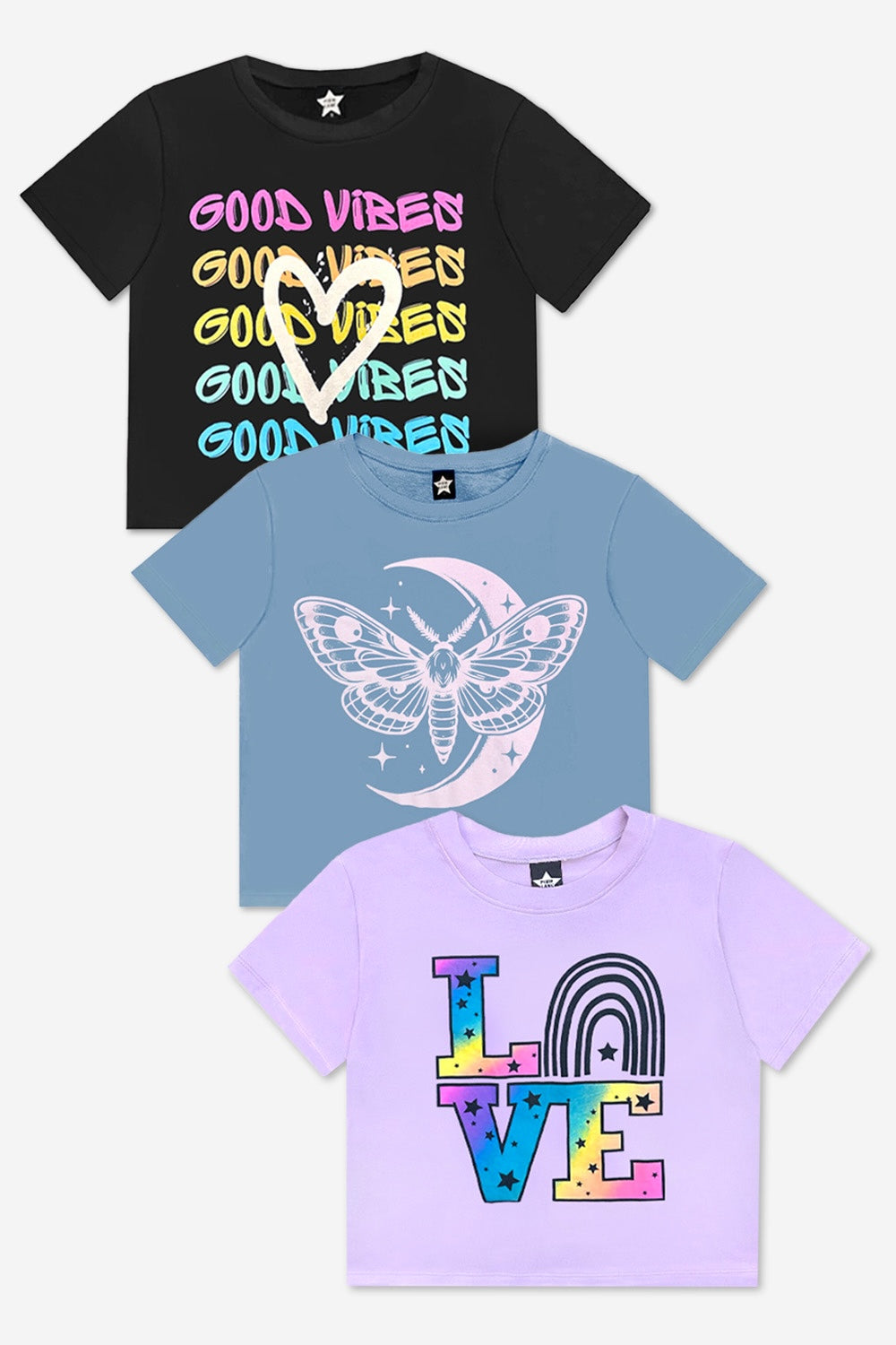 3-Pack Washed Cotton Drop Shoulder Tee - Lilac Denim Palm | Pink Good Vibes Splatter Smile | Pink Strawberry Vibes