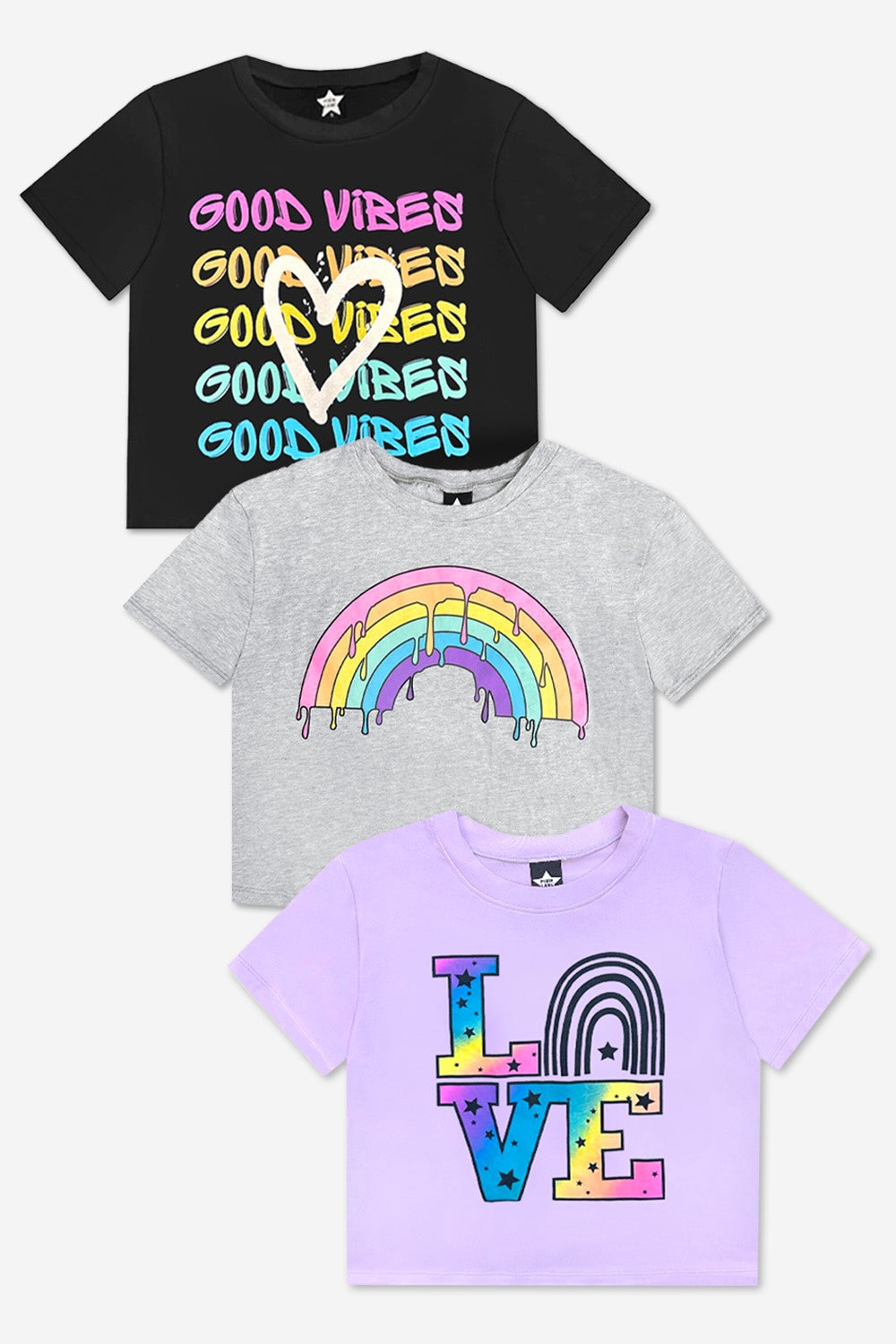 3-Pack Washed Cotton Drop Shoulder Tee - Lilac Denim Palm | Pink Good Vibes Splatter Smile | Pink Strawberry Vibes