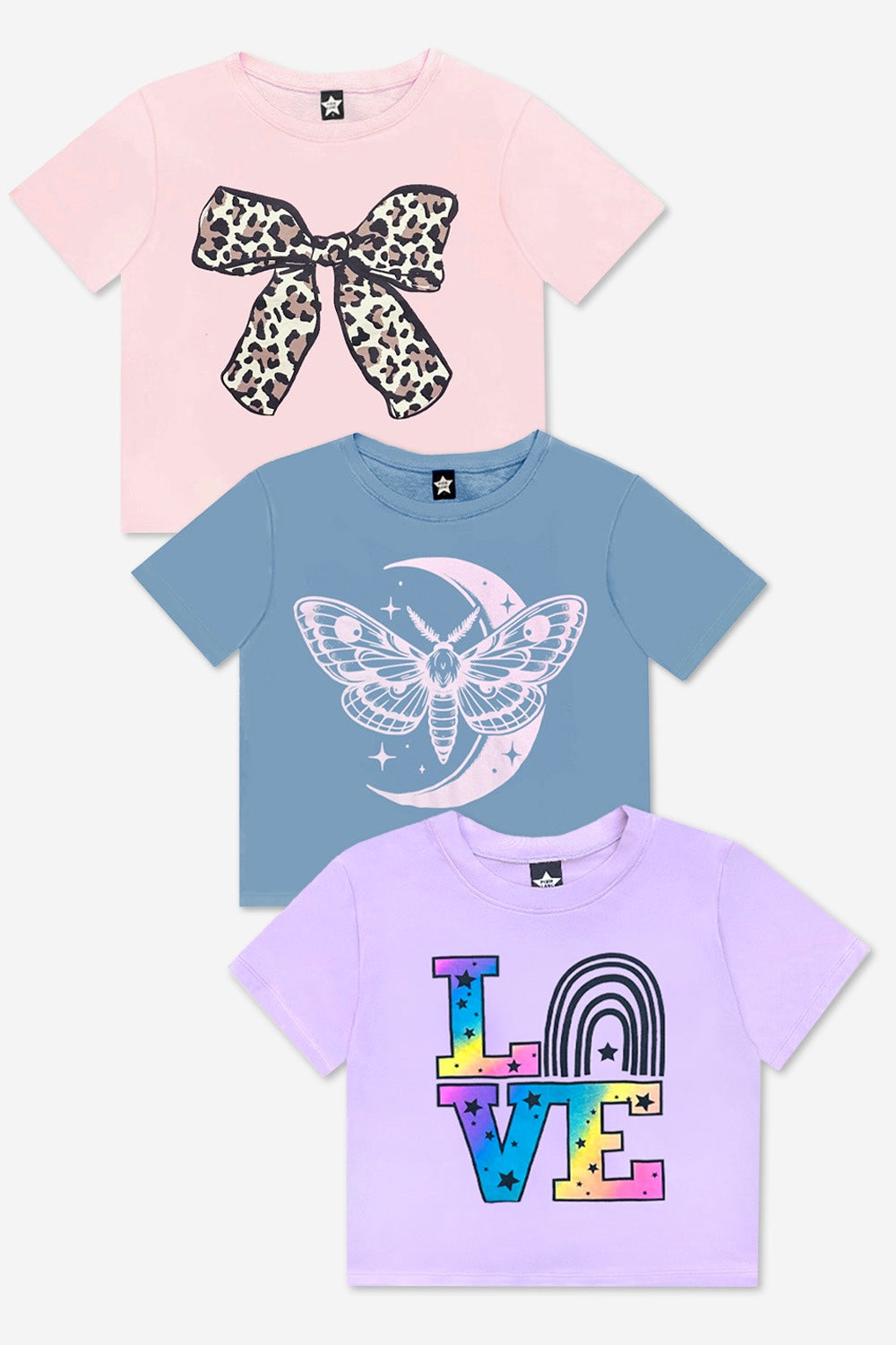 3-Pack Washed Cotton Drop Shoulder Tee - Lilac Denim Palm | Pink Good Vibes Splatter Smile | Pink Strawberry Vibes