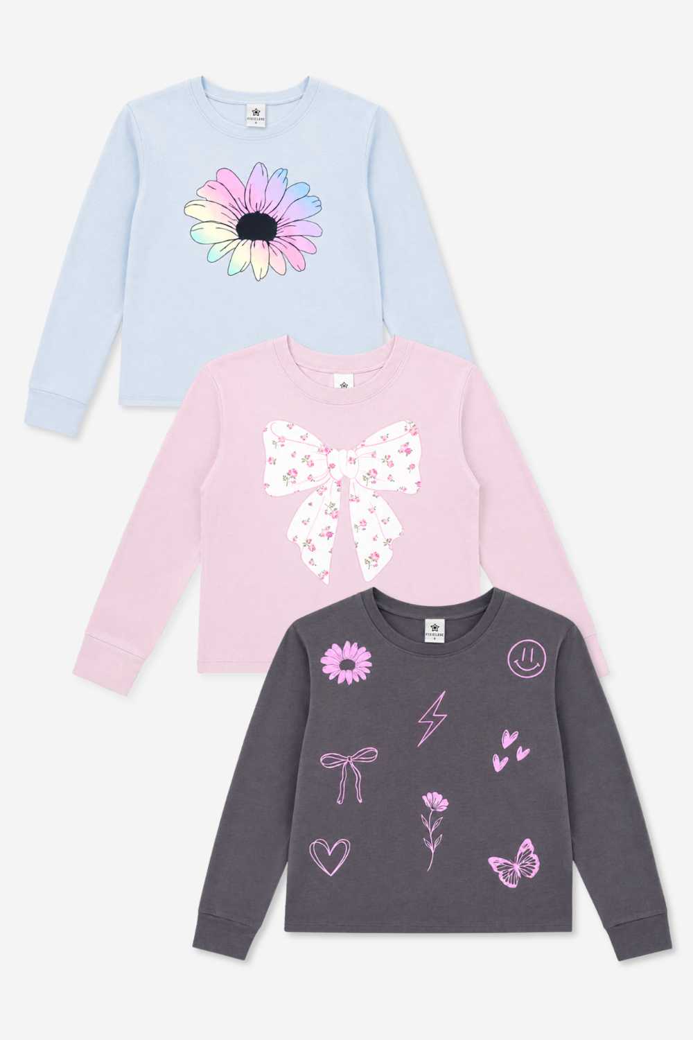 3 Pack Washed Cotton Long Sleeve Easy Tee - Cloud Denim Floral | Mauve Ivory Bow | Charcoal Pink Sketch Emojis - NEW!