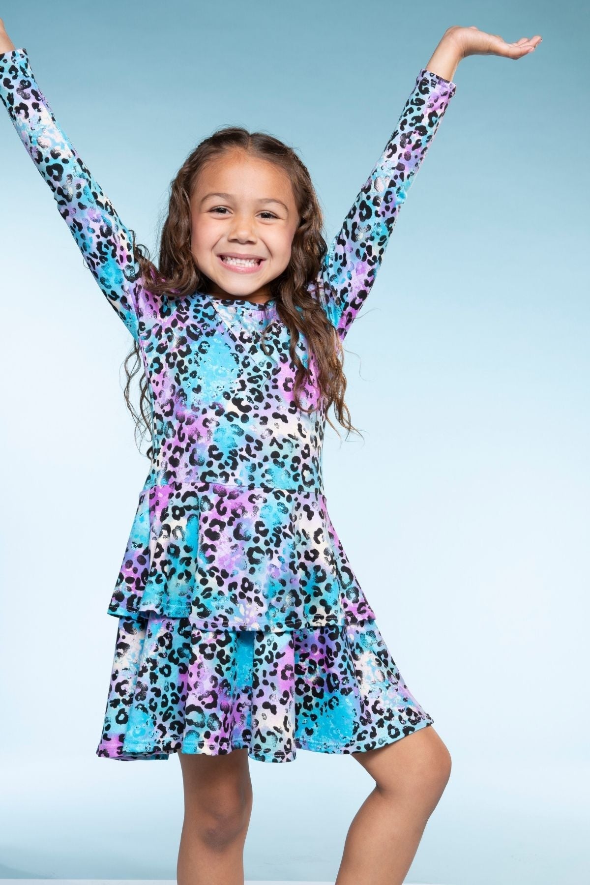 Simply Soft Long Sleeve Ruffle Skirt Dress - Pink Grey Tie Dye Stars