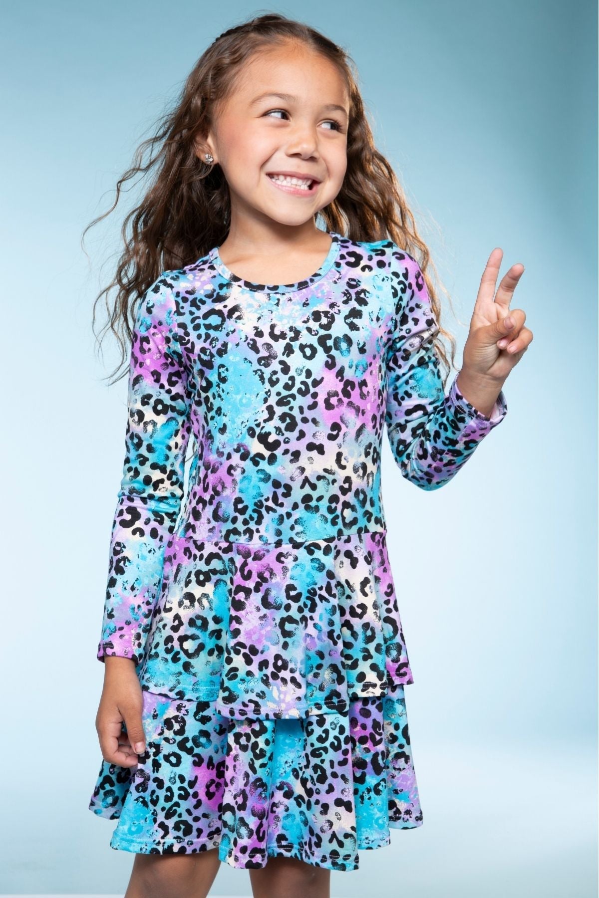 Simply Soft Long Sleeve Ruffle Skirt Dress - Pink Grey Tie Dye Stars
