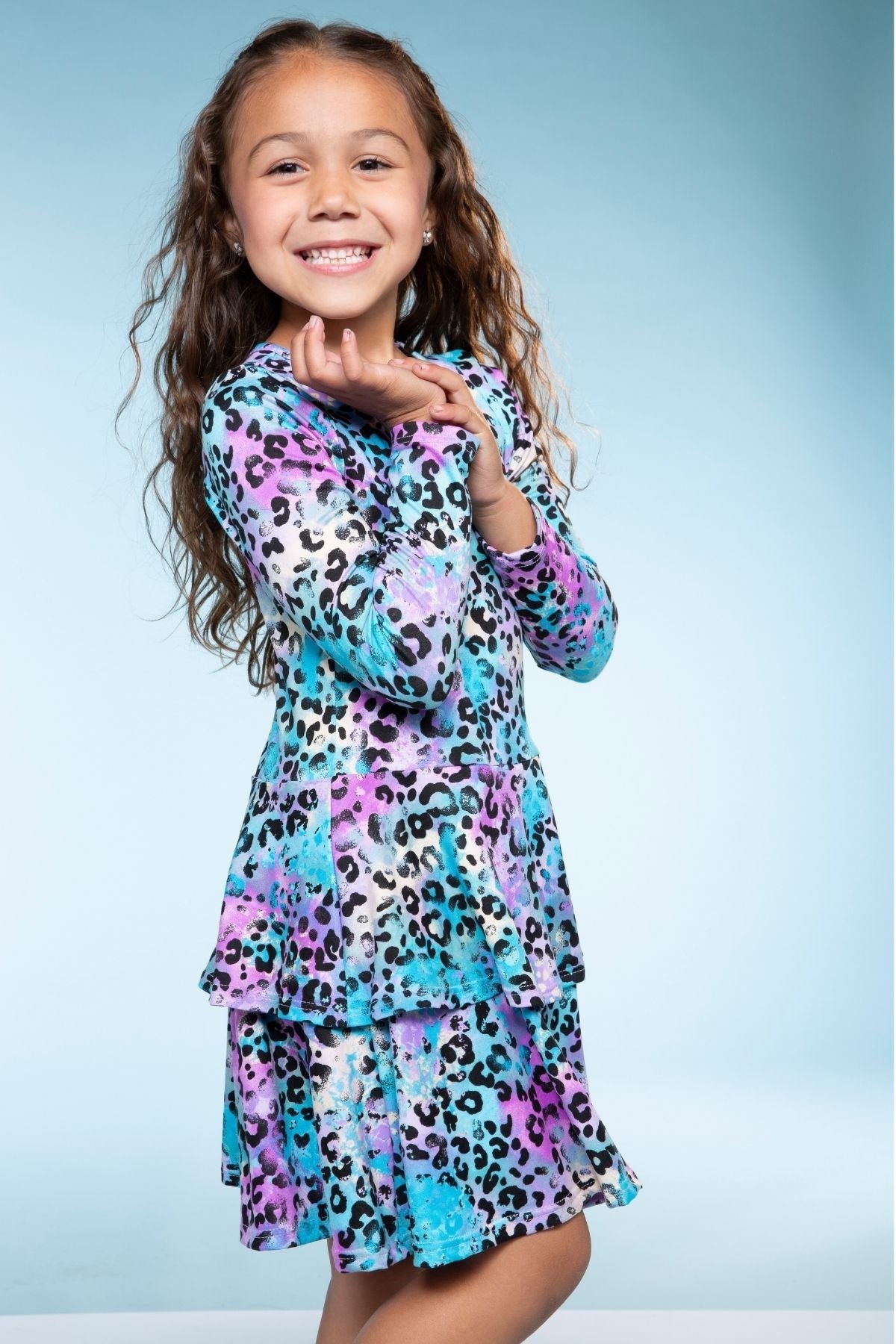 Simply Soft Long Sleeve Ruffle Skirt Dress - Pink Grey Tie Dye Stars