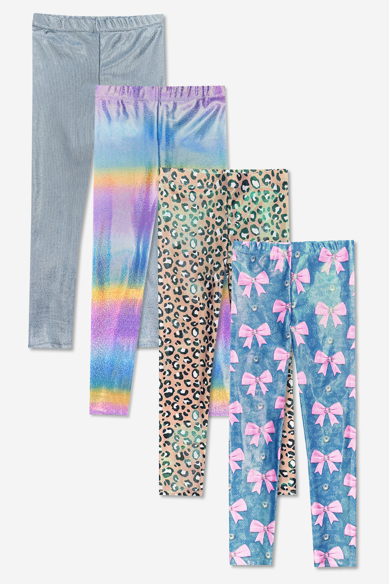 4-Pack Glitter Foil High Shine Legging - Taupe Leopard | Glitter Rainbow | Silver Glitter | Denim Leopard Pink Bow - NEW!