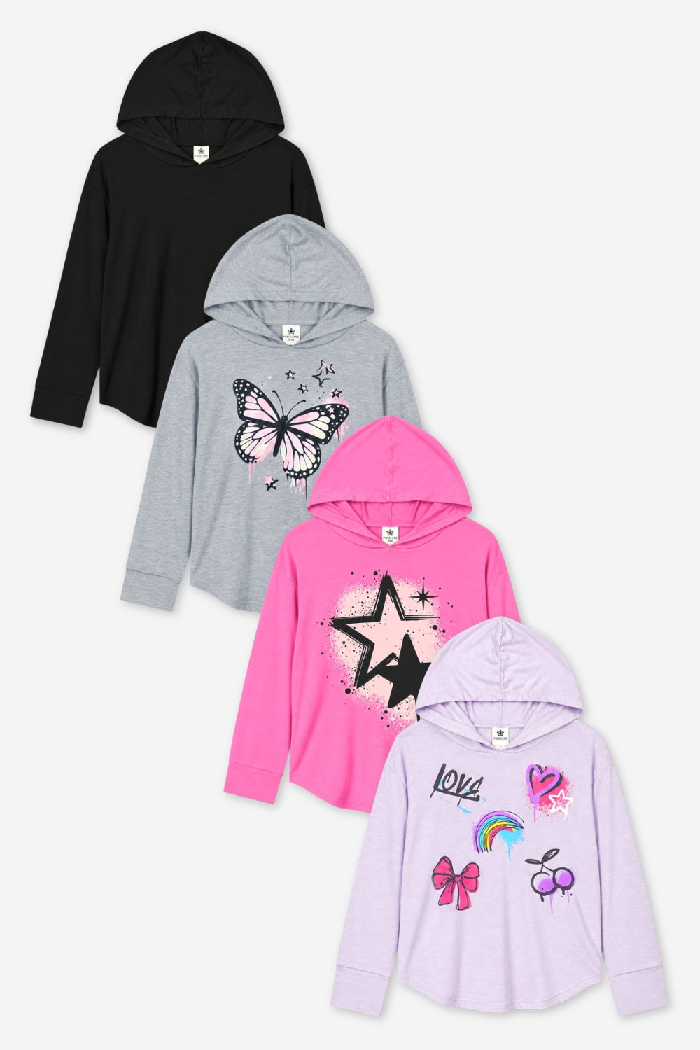 4 Pack Pullover Thumbhole Hoodies - Lavender Rainbow Graffiti | Hot Pink Star | Black | Heather Grey Butterfly - NEW!