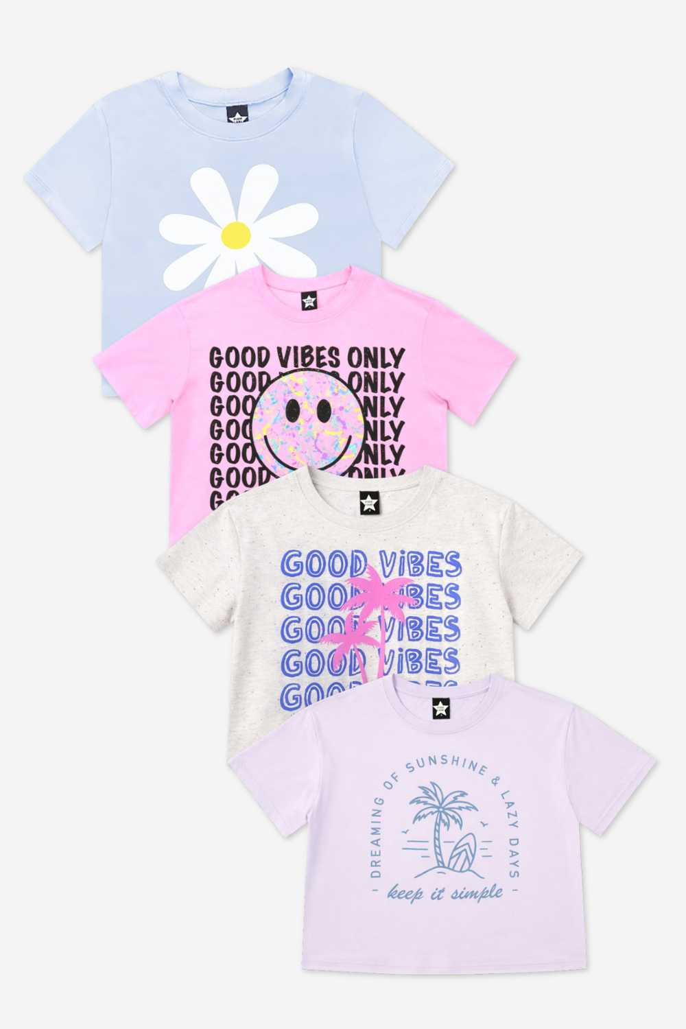 4-Pack Washed Cotton Drop Shoulder Tee - Lilac Denim Palm | Ivory Funfetti Palm | Pink Good Vibes Splatter Smile | Pink Strawberry Vibes