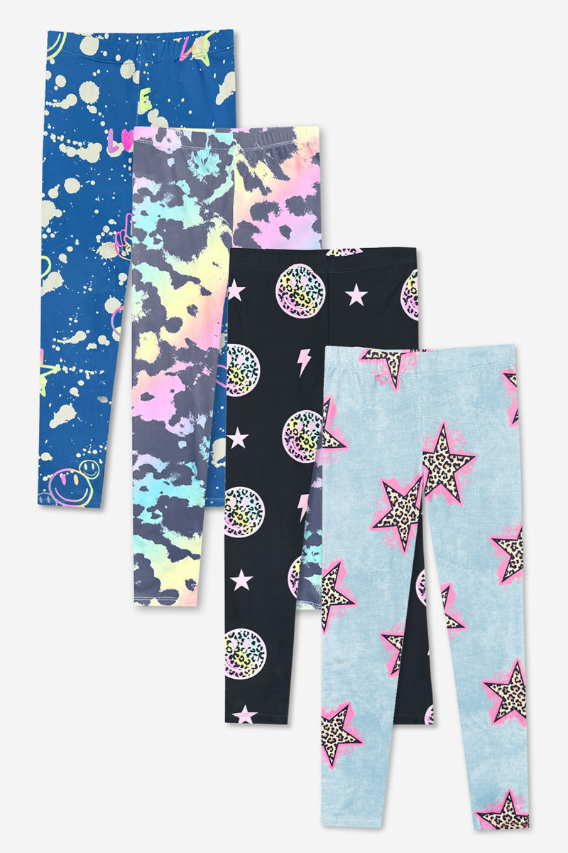 4-Pack Simply Soft Long Legging - Black Rainbow Leopard Smile | Rainbow Tie Dye | Denim Leopard Star | Denim Emojis - NEW!