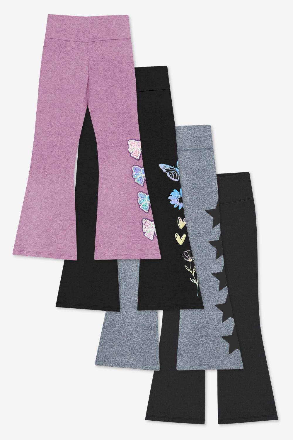 4-Pack Simply Soft Luxe Flare Legging - Black Pastel Rainbow Sketch Emoji | Steel Black Stars | Black | Dusty Plum Sequin Bow - NEW!