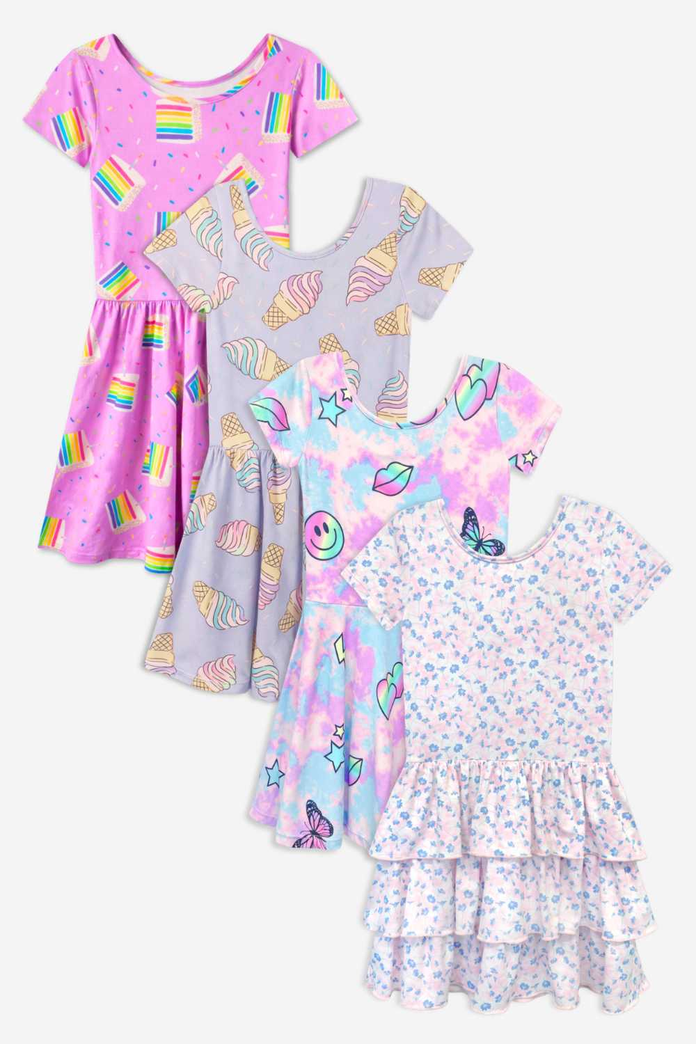 4-Pack Simply Soft Short Sleeve Dress - Pink Birthday | Lilac Rainbow Ice Cream | Pink Daisy Rainbow | Light Blue Daisy - NEW!