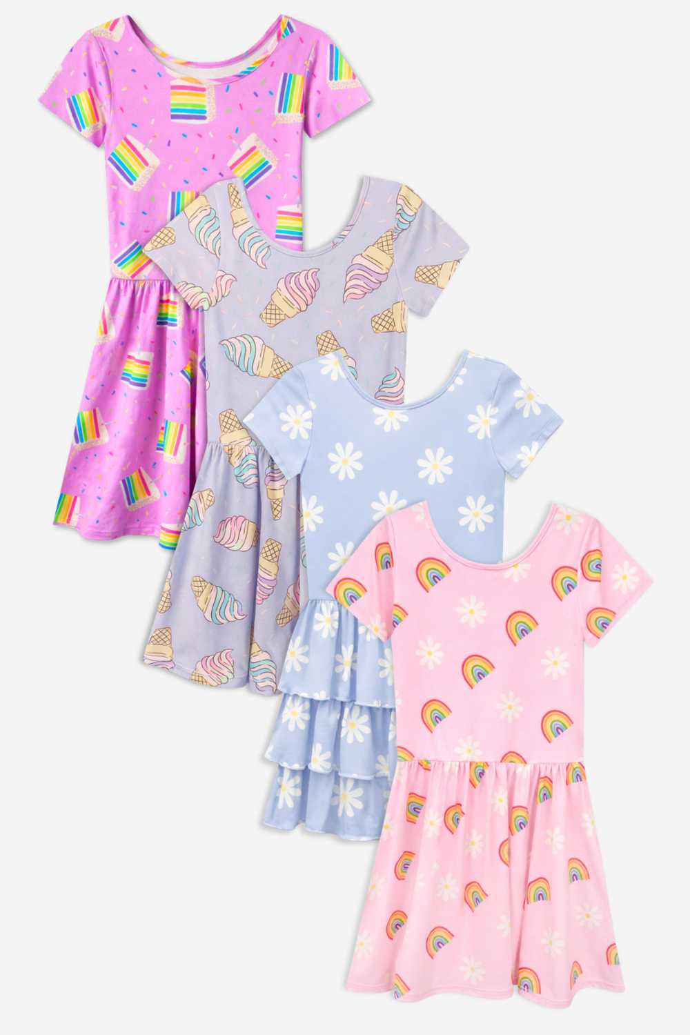 4-Pack Simply Soft Short Sleeve Dress - Pink Birthday | Lilac Rainbow Ice Cream | Pink Daisy Rainbow | Light Blue Daisy - NEW!