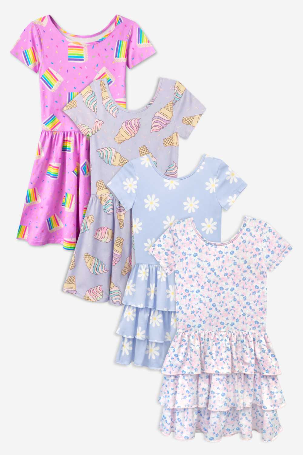 4-Pack Simply Soft Short Sleeve Dress - Pink Birthday | Lilac Rainbow Ice Cream | Pink Daisy Rainbow | Light Blue Daisy - NEW!