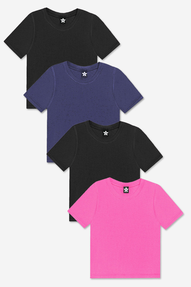 4-Pack Ultra-Soft Ribbed Fitted S/S Tee - Black | Dark Denim | Hot Pink - NEW! - Labor Day Sale!