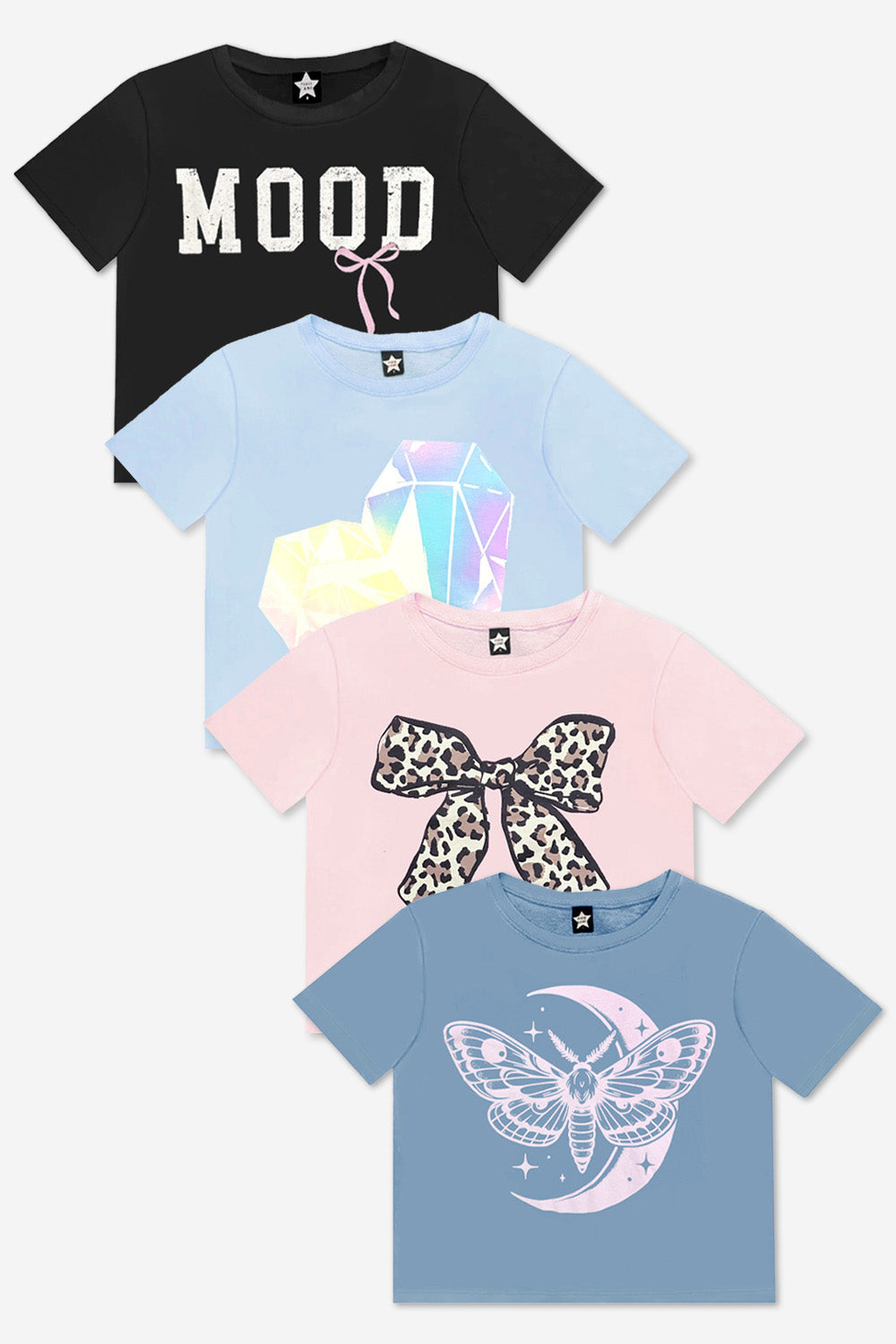 4-Pack Washed Cotton Drop Shoulder Tee - Lilac Denim Palm | Ivory Funfetti Palm | Pink Good Vibes Splatter Smile | Pink Strawberry Vibes
