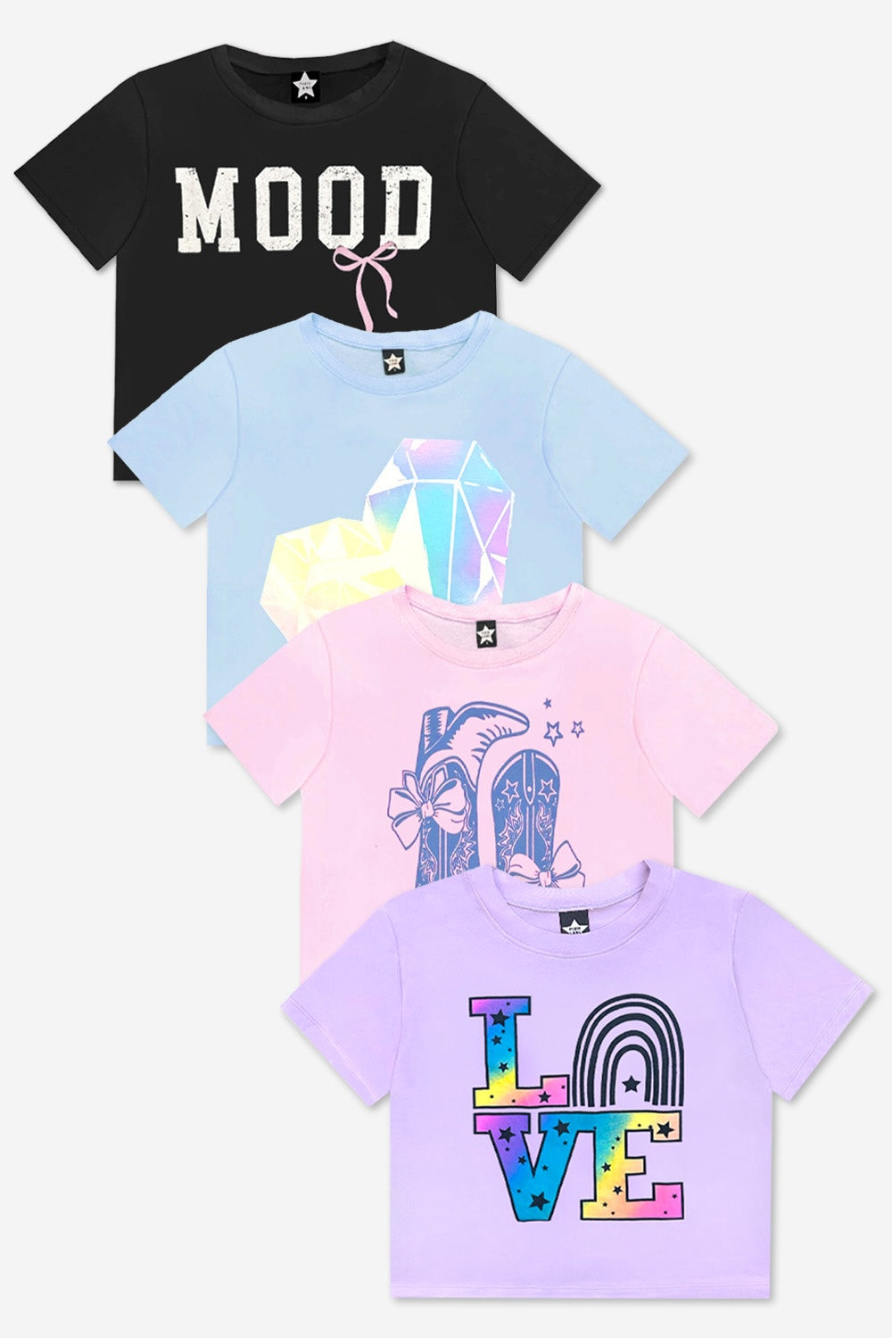 4-Pack Washed Cotton Drop Shoulder Tee - Lilac Denim Palm | Ivory Funfetti Palm | Pink Good Vibes Splatter Smile | Pink Strawberry Vibes