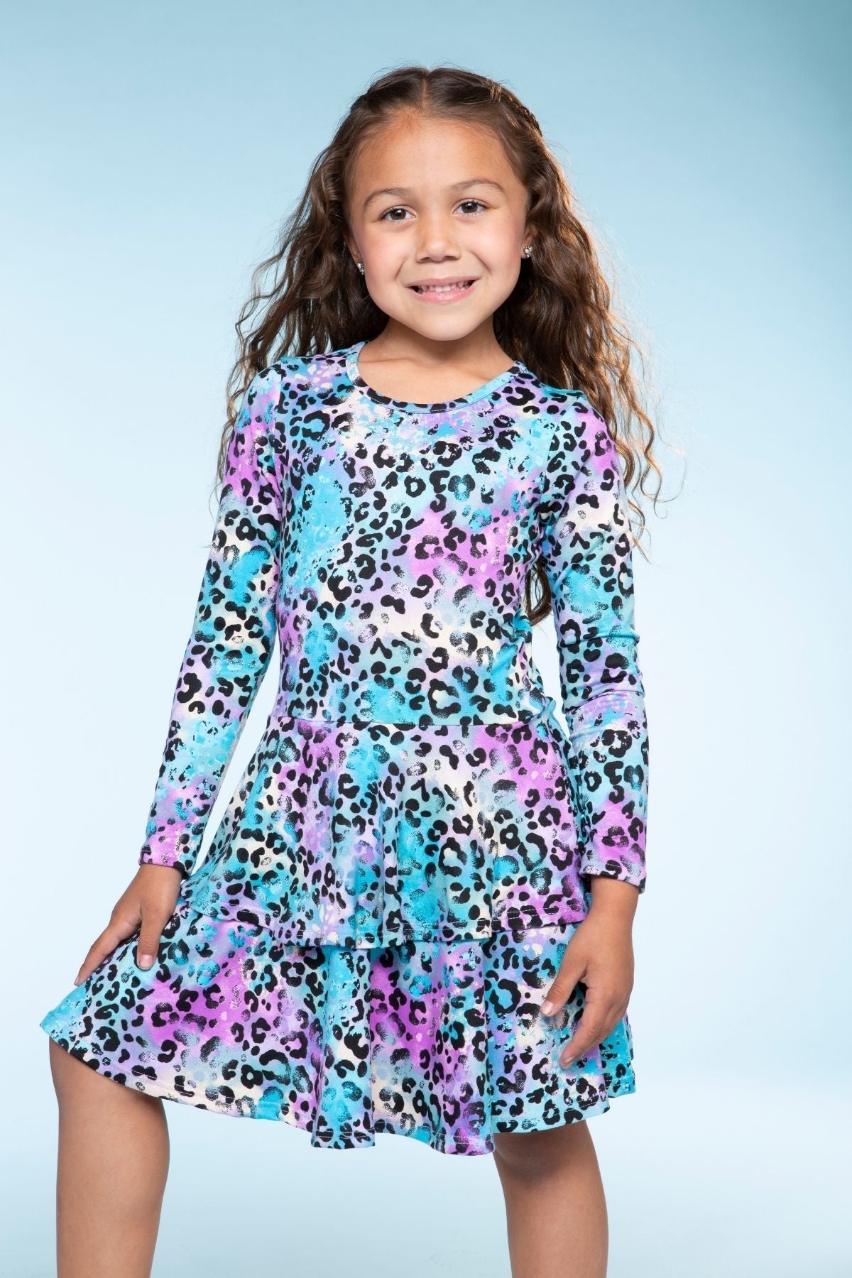 Simply Soft Long Sleeve Ruffle Skirt Dress - Pink Grey Tie Dye Stars