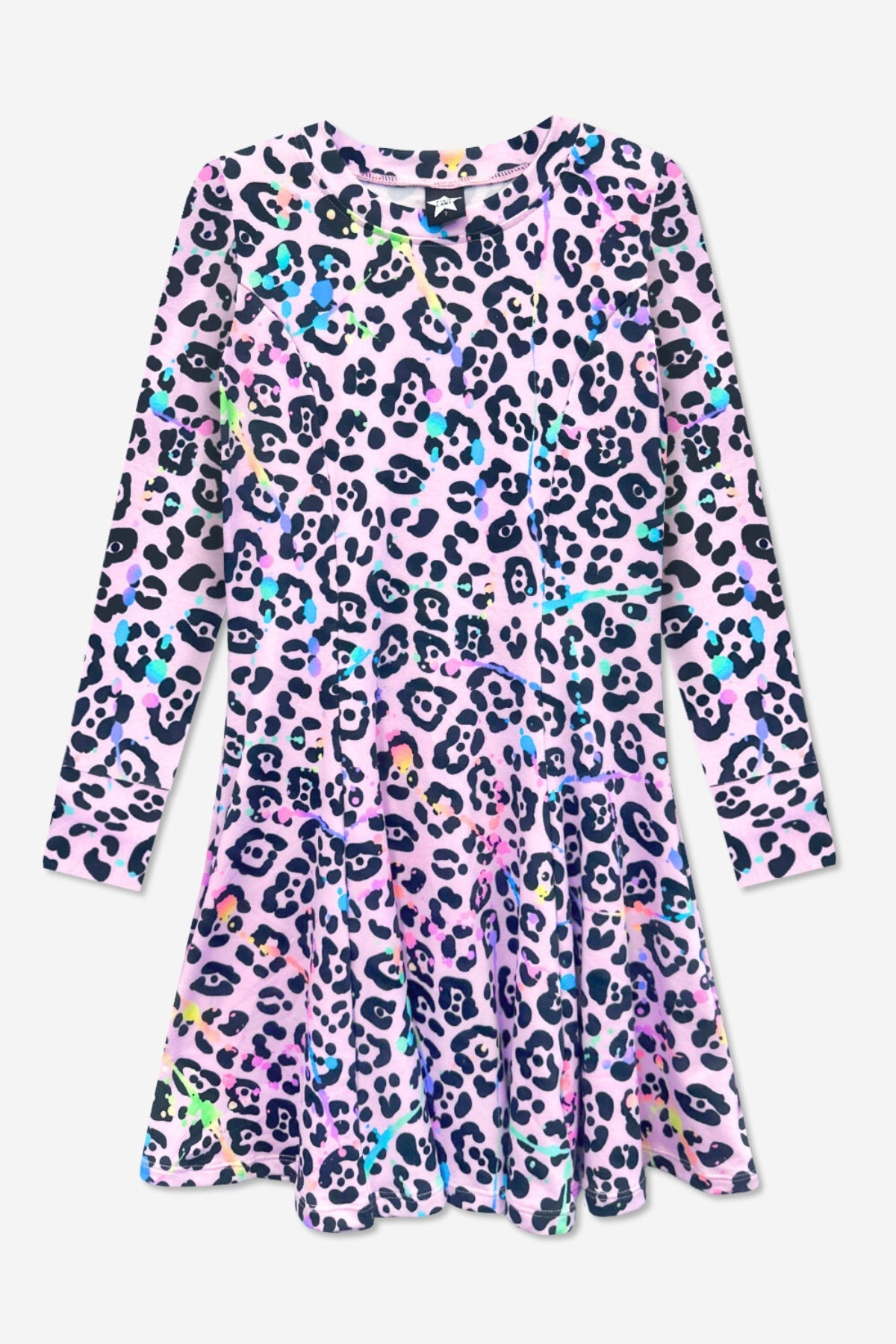 Simply Soft Long Sleeve Twirl Dress - Neon Lt Pink Leopard Splatter