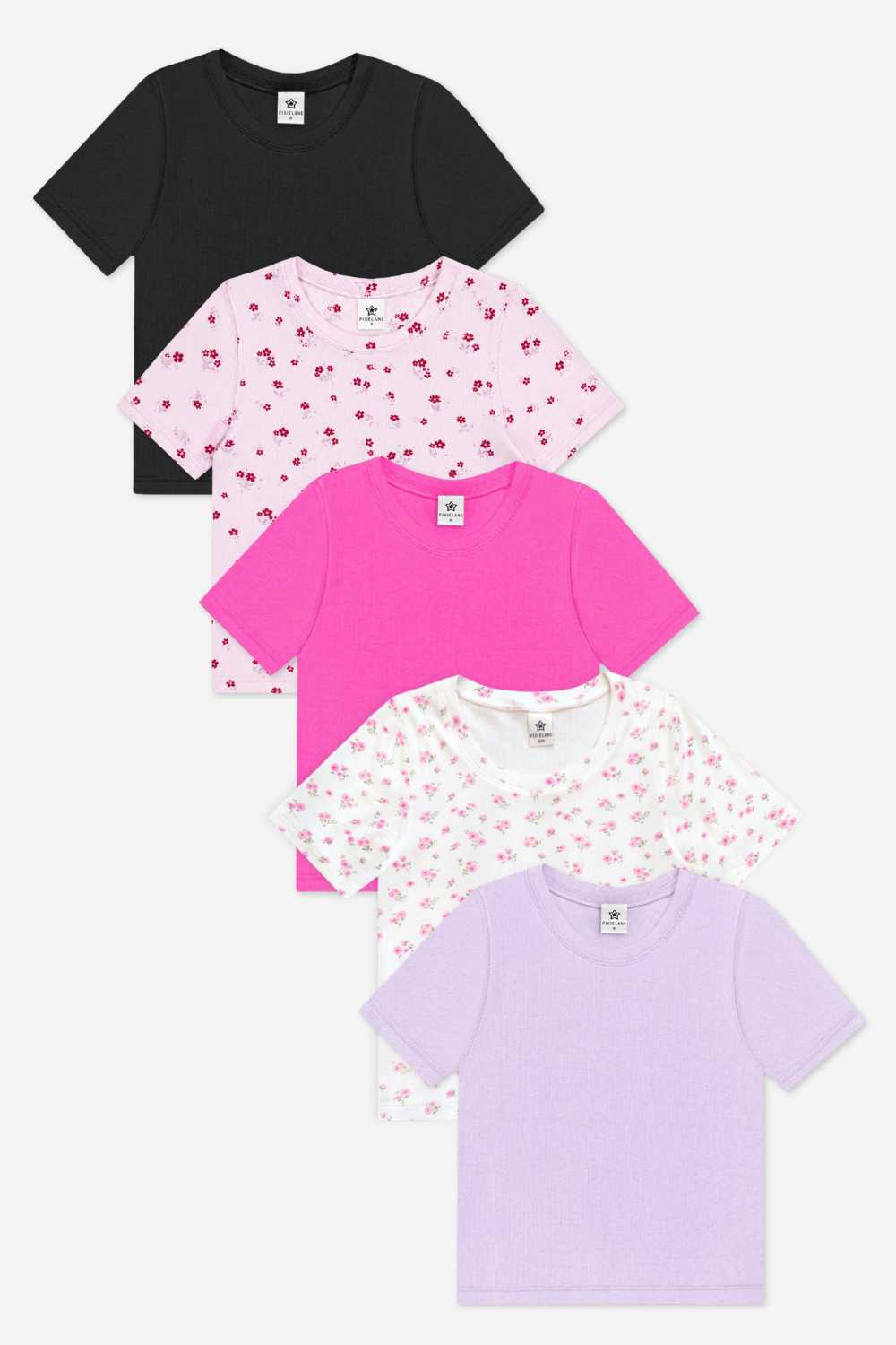 5-Pack Ultra-Soft Ribbed Fitted Tee - Black | Pink Burgundy Floral | Hot Pink | Oatmeal Pink Floral | Soft Lilac - NEW!