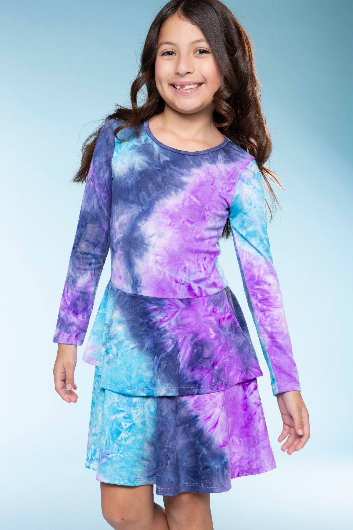 Simply Soft Long Sleeve Ruffle Skirt Dress - Pink Grey Tie Dye Stars
