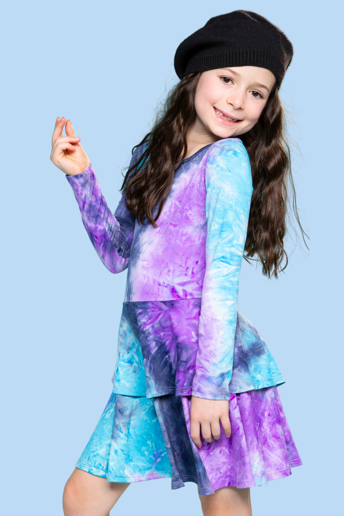 Simply Soft Long Sleeve Ruffle Skirt Dress - Pink Grey Tie Dye Stars