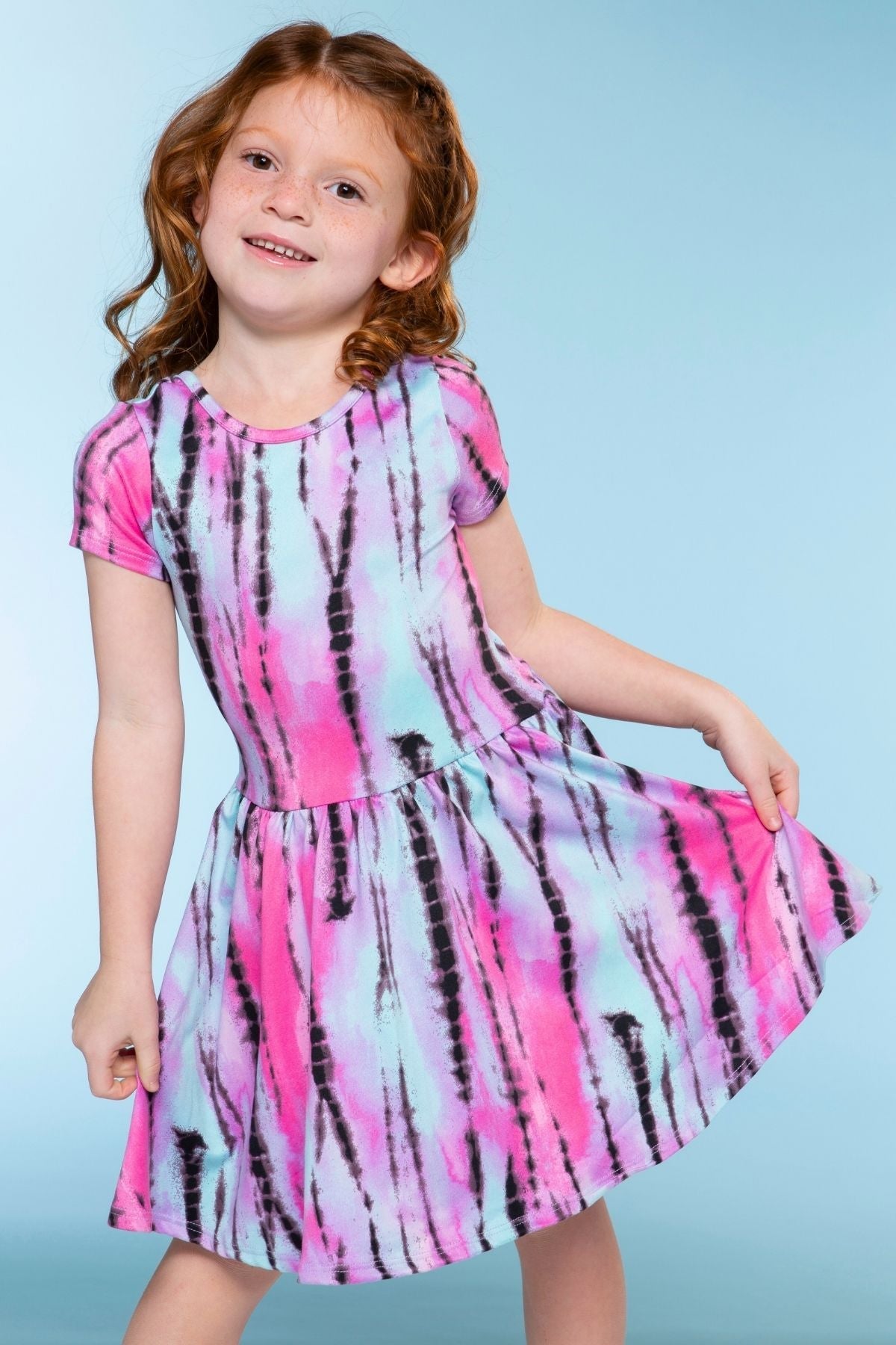 Simply Soft Short Sleeve Scoop Back Be Happy Dress - Pink Tie Dye Cherry Bow