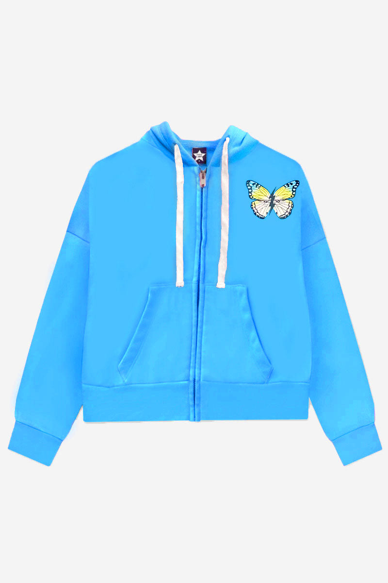 Cotton Soft French Terry Drop Shoulder Zip Hoodie - Neon Blue Butterfly