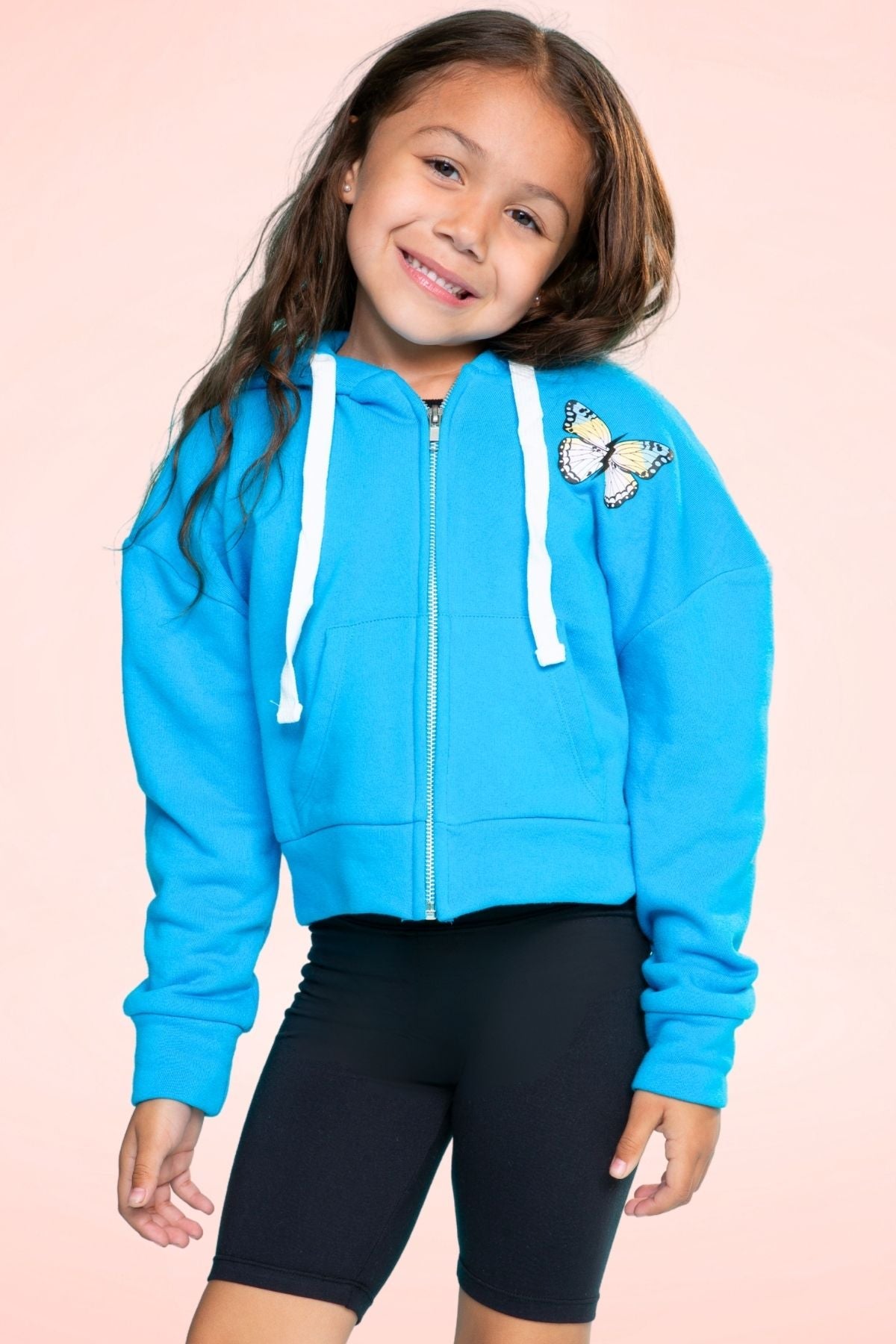 Cotton Soft French Terry Drop Shoulder Zip Hoodie - Neon Blue Butterfly