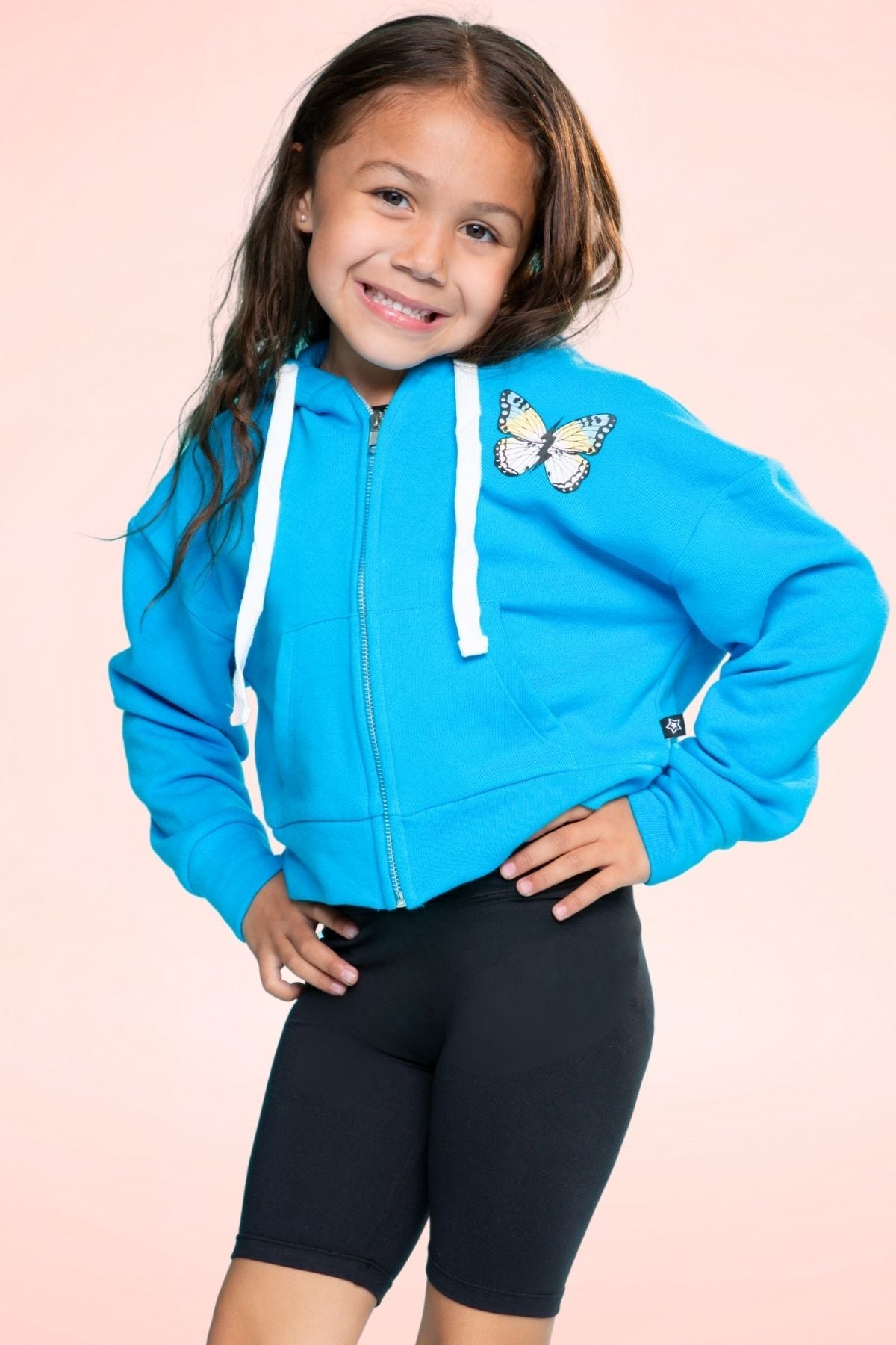 Cotton Soft French Terry Drop Shoulder Zip Hoodie - Neon Blue Butterfly