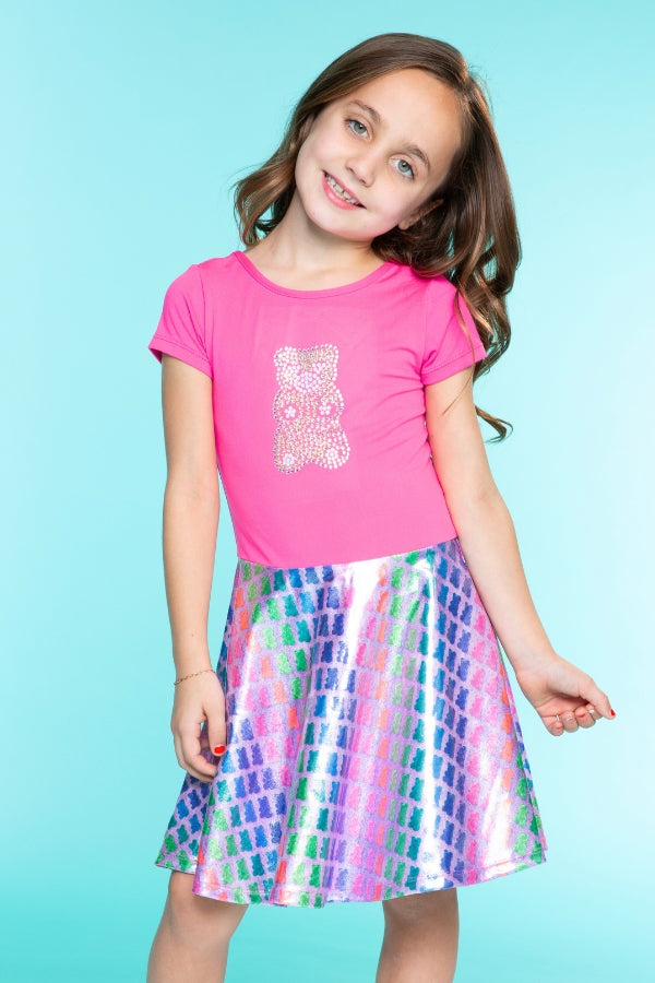 Glitter Short Sleeve Skater Dress - Pink Glitter Gummy Bear