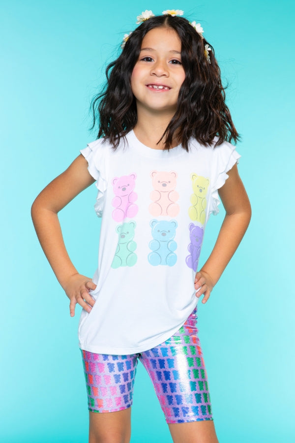 Modal Flutter Sleeve Shirttail Top - White Ombre Rainbow Gummy Bear