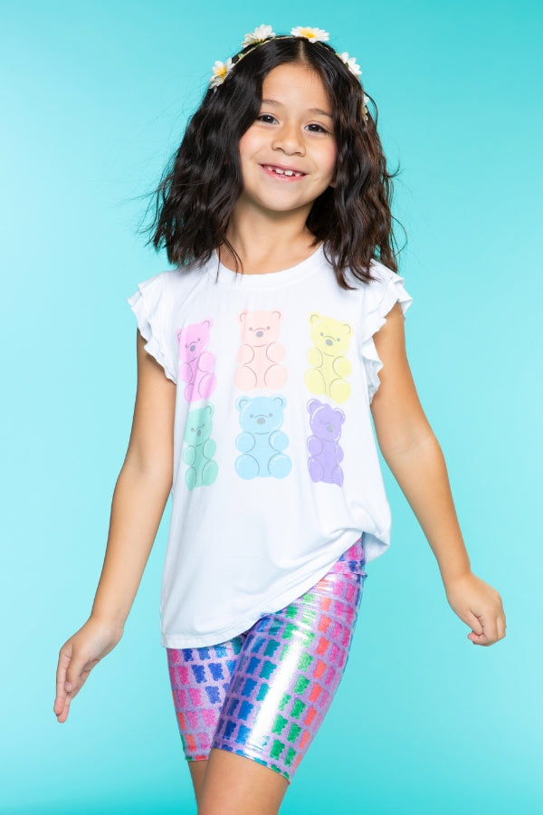 Modal Flutter Sleeve Shirttail Top - White Rainbow Gummy Bear