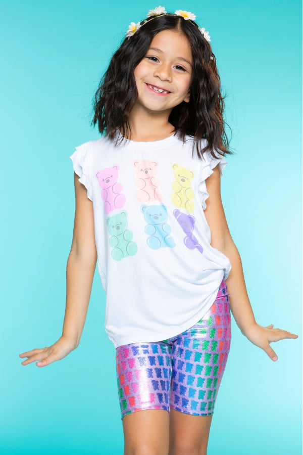 Modal Flutter Sleeve Shirttail Top - White Ombre Rainbow Gummy Bear