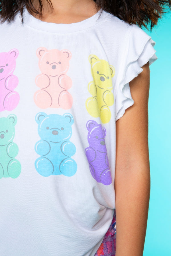 Modal Flutter Sleeve Shirttail Top - White Ombre Rainbow Gummy Bear