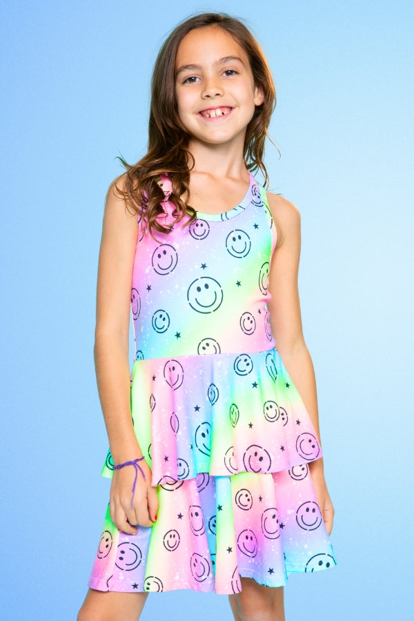 Simply Soft Racerback Ruffle Skirt Dress - Rainbow Ombre Smile
