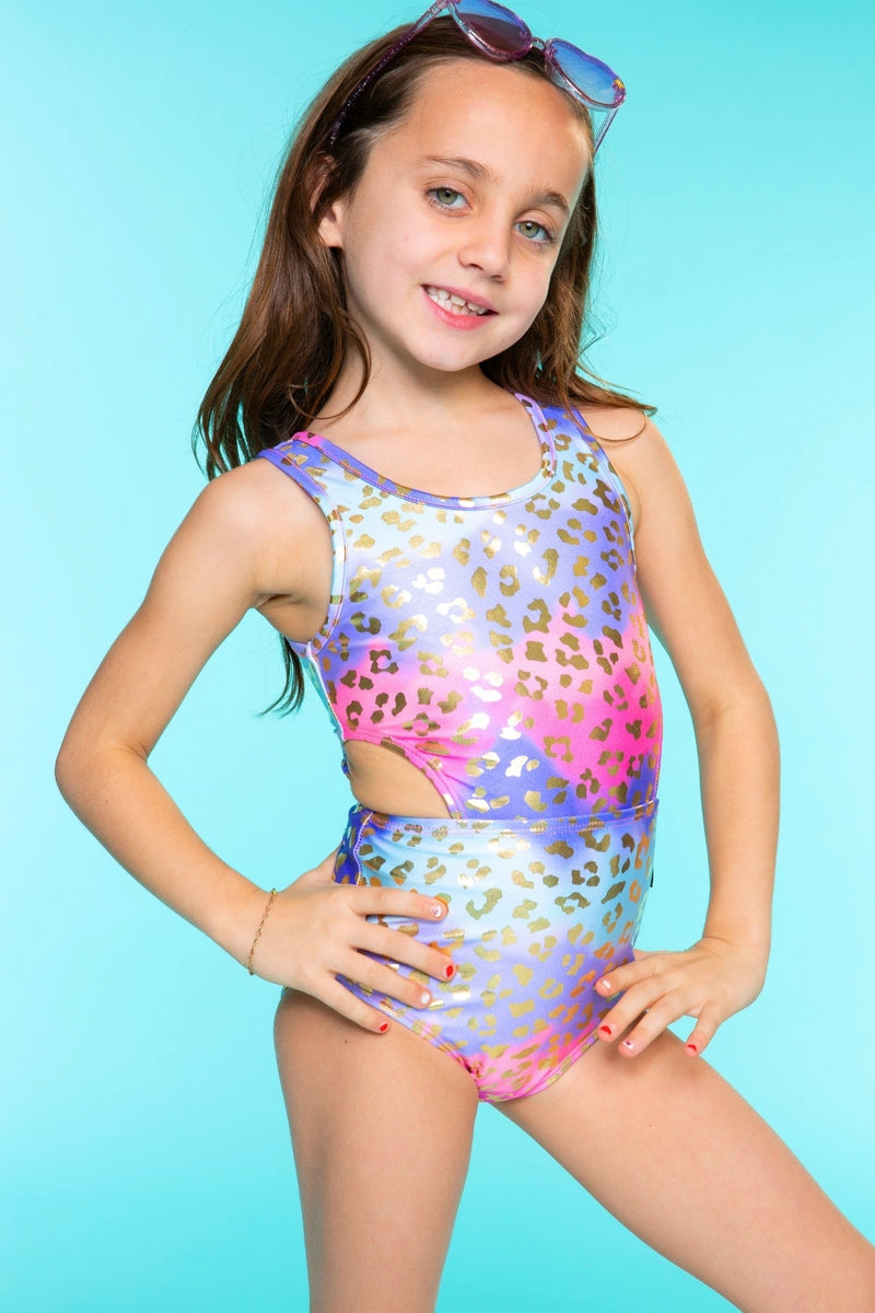 High Shine One Piece Cutout Swimsuit - Pastel Gold Leopard