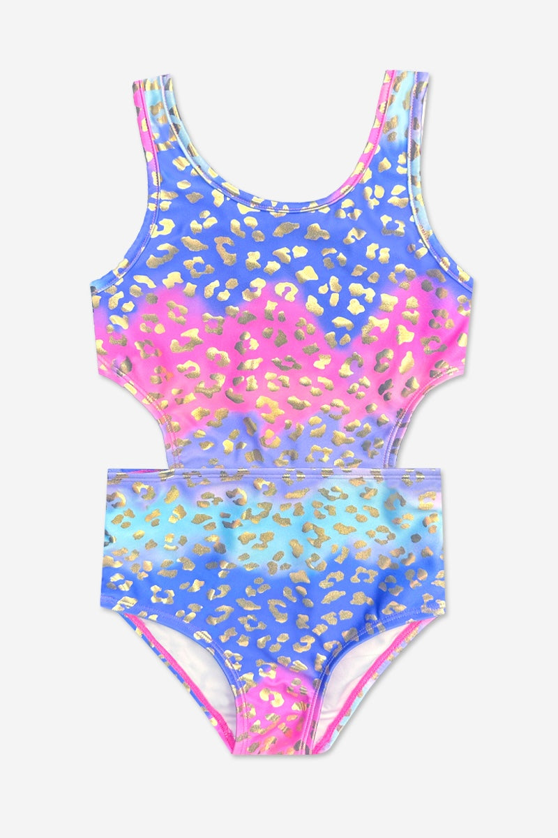 High Shine One Piece Cutout Swimsuit - Pastel Gold Leopard