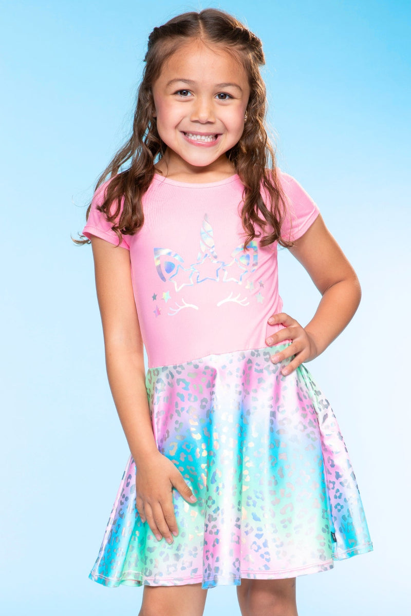 Foil Short Sleeve Skater Dress - Rainbow Leopard Unicorn