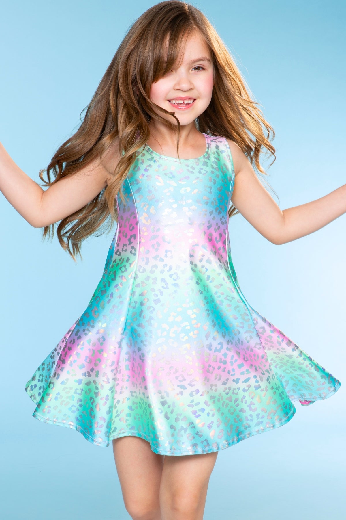 Foil Sleeveless Twirl Dress - Rainbow Leopard Ombre