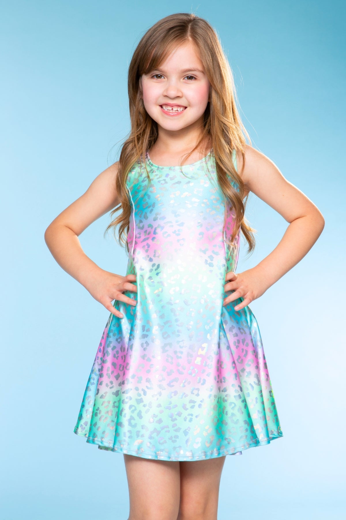 Foil Sleeveless Twirl Dress - Rainbow Leopard Ombre