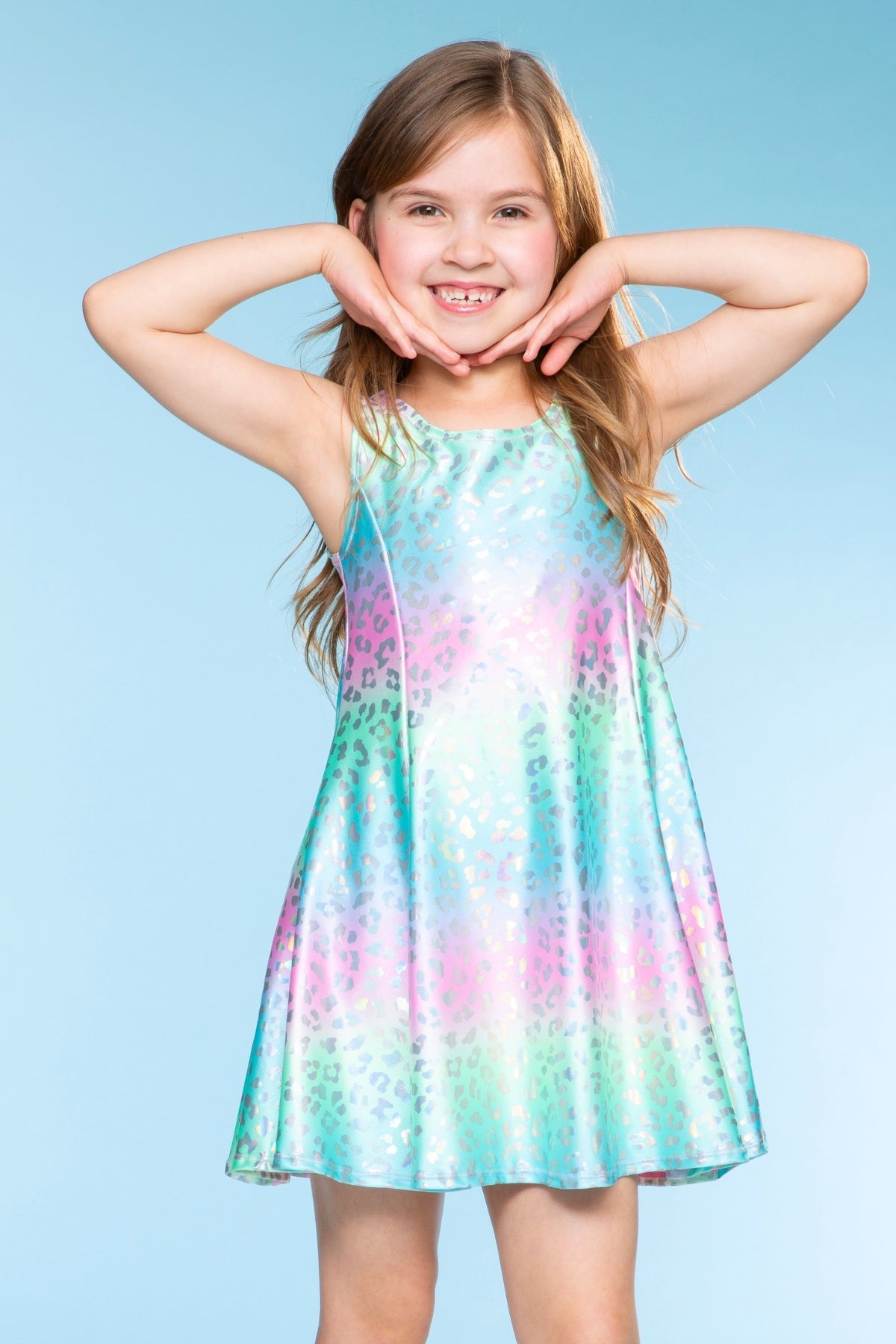 Foil Sleeveless Twirl Dress - Rainbow Leopard Ombre