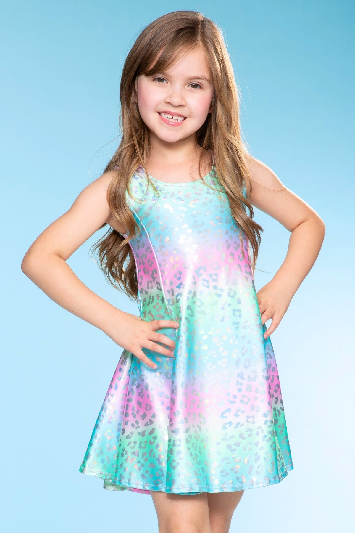 Foil Sleeveless Twirl Dress - Rainbow Leopard Ombre
