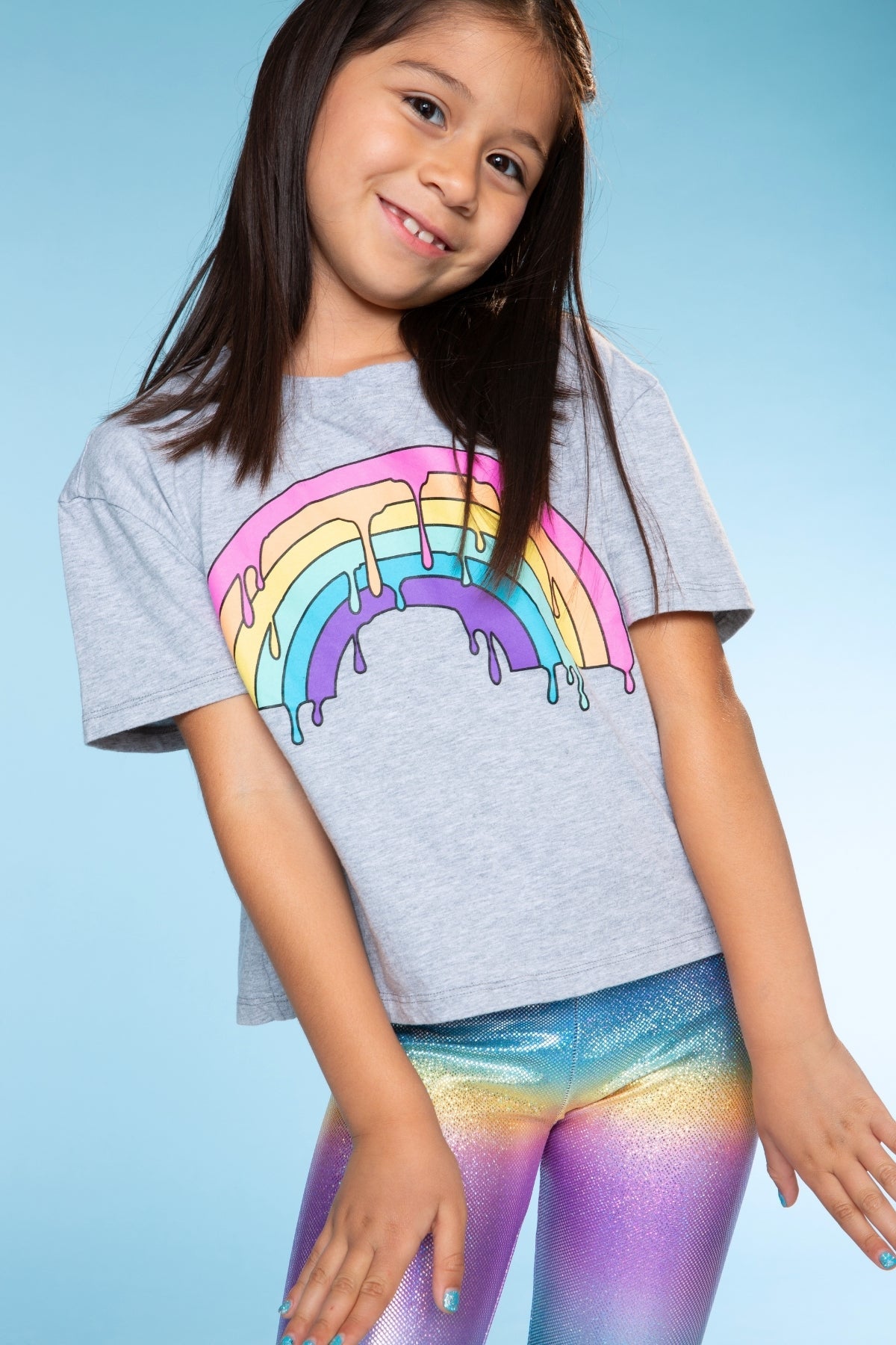 Washed Cotton Drop Shoulder Tee - Heather Grey Rainbow Drip